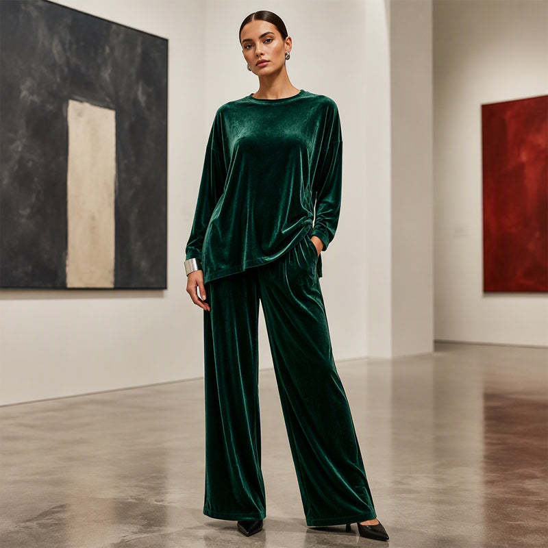 🎉✨Samt-Set für Damen – Langarm-Oberteil & weit geschnittene Hose