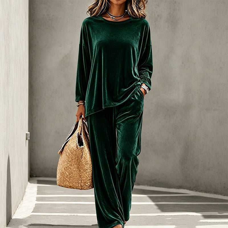 🎉✨Samt-Set für Damen – Langarm-Oberteil & weit geschnittene Hose