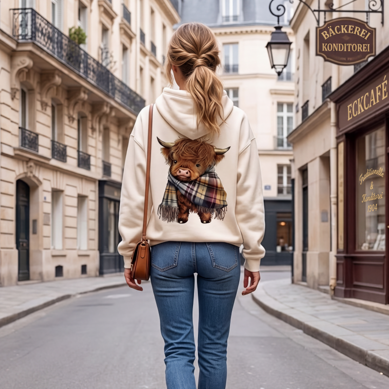 🐮 50% RABATT!!🎁Niedliches Kapuzensweatshirt mit kuscheligem Fleecefutter, Highland-Kuh-Motiv