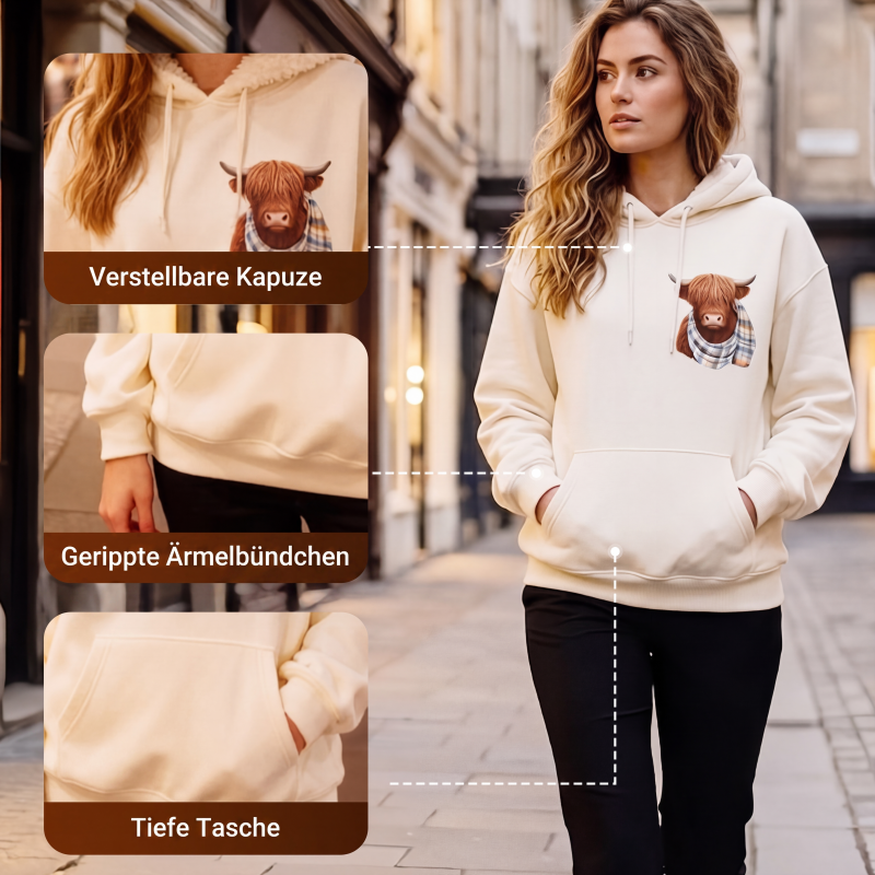 🐮 50% RABATT!!🎁Niedliches Kapuzensweatshirt mit kuscheligem Fleecefutter, Highland-Kuh-Motiv