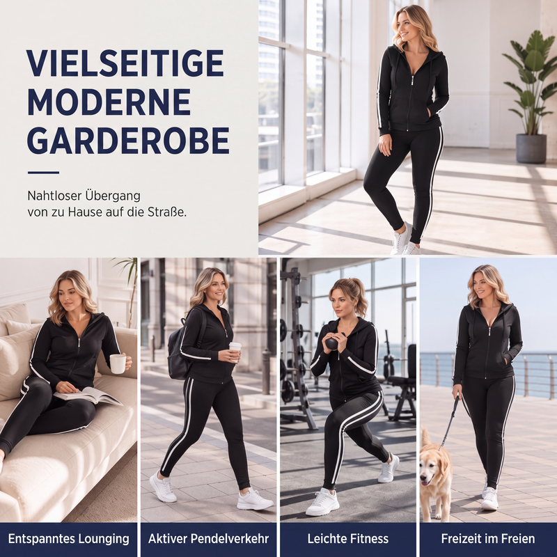 🎉🍂Herbstneuheit – 50% Rabatt!🧥👖Gestreiftes Damen-Set mit Kapuze und Reißverschluss, bestehend aus Kapuzenpullover und Hose