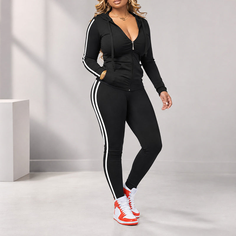 🎉🍂Herbstneuheit – 50% Rabatt!🧥👖Gestreiftes Damen-Set mit Kapuze und Reißverschluss, bestehend aus Kapuzenpullover und Hose