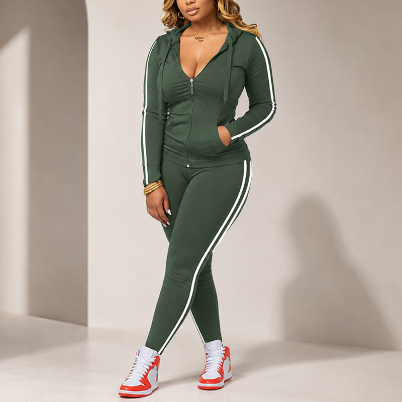 🎉🍂Herbstneuheit – 50% Rabatt!🧥👖Gestreiftes Damen-Set mit Kapuze und Reißverschluss, bestehend aus Kapuzenpullover und Hose