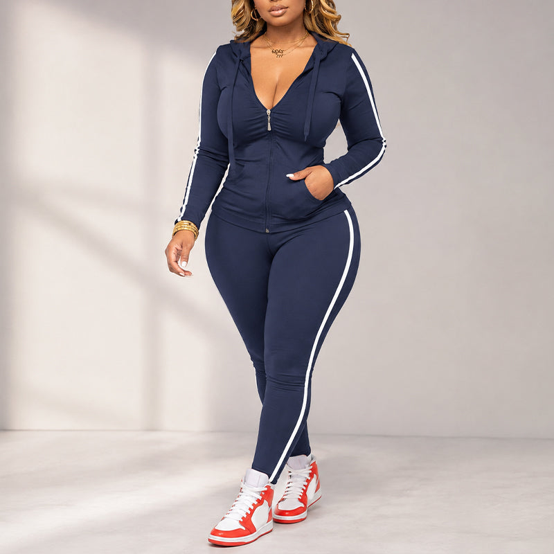 🎉🍂Herbstneuheit – 50% Rabatt!🧥👖Gestreiftes Damen-Set mit Kapuze und Reißverschluss, bestehend aus Kapuzenpullover und Hose