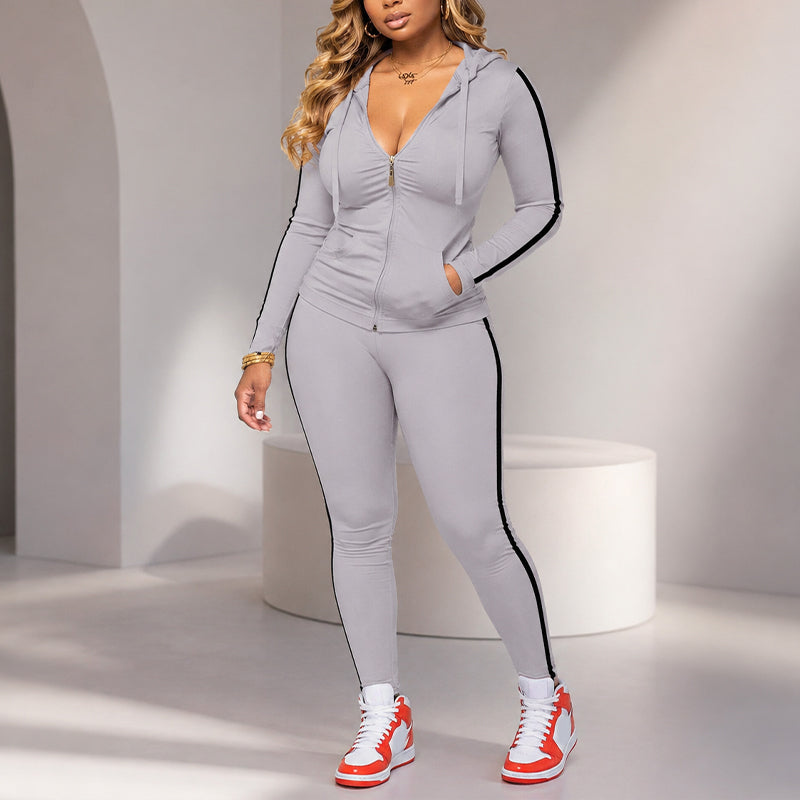 🎉🍂Herbstneuheit – 50% Rabatt!🧥👖Gestreiftes Damen-Set mit Kapuze und Reißverschluss, bestehend aus Kapuzenpullover und Hose