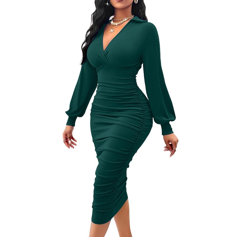 💎🔥 Jetzt im Trend – Damen V-Ausschnitt Ballonärmel gerafftes Bodycon-Kleid