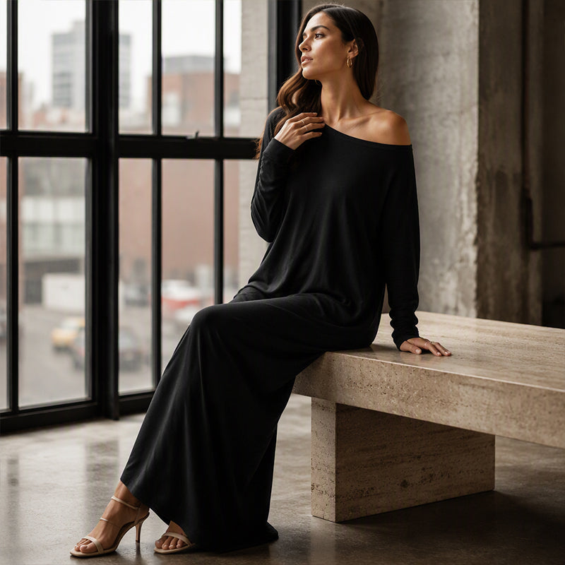🌸 Damen Off-Shoulder Langarm Maxikleid – Feminin, bequem & immer passend
