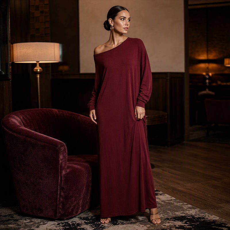 🌸 Damen Off-Shoulder Langarm Maxikleid – Feminin, bequem & immer passend
