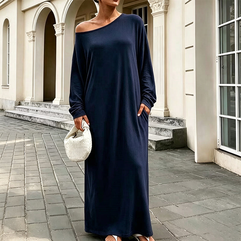🌸 Damen Off-Shoulder Langarm Maxikleid – Feminin, bequem & immer passend
