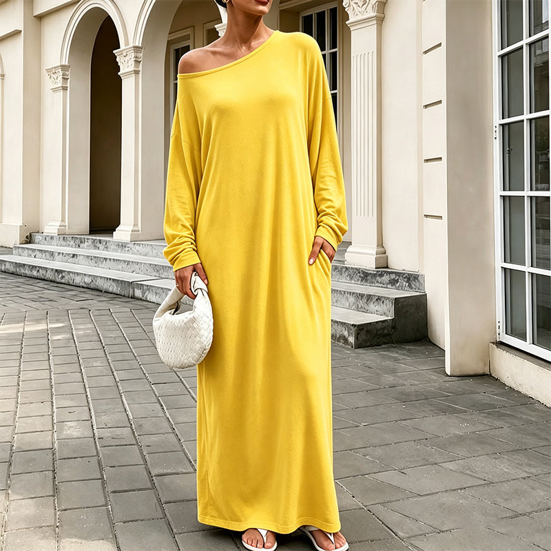 🌸 Damen Off-Shoulder Langarm Maxikleid – Feminin, bequem & immer passend
