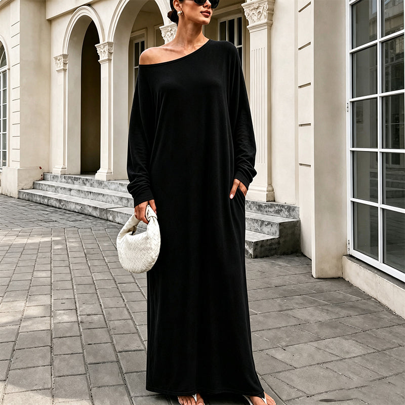 🌸 Damen Off-Shoulder Langarm Maxikleid – Feminin, bequem & immer passend