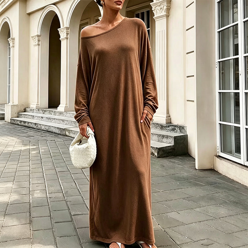 🌸 Damen Off-Shoulder Langarm Maxikleid – Feminin, bequem & immer passend
