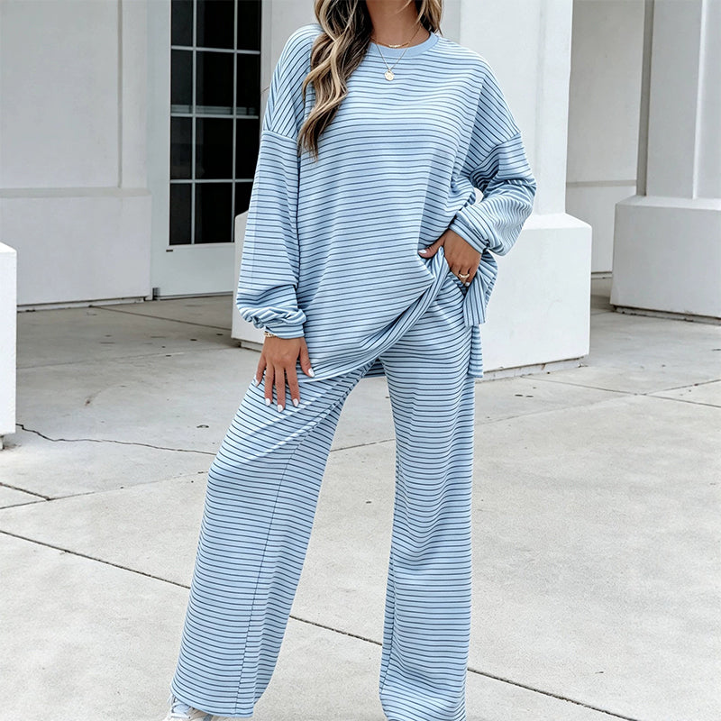 Gestreifter Pullover und Weithosen für Damen, 2-teiliges Set
