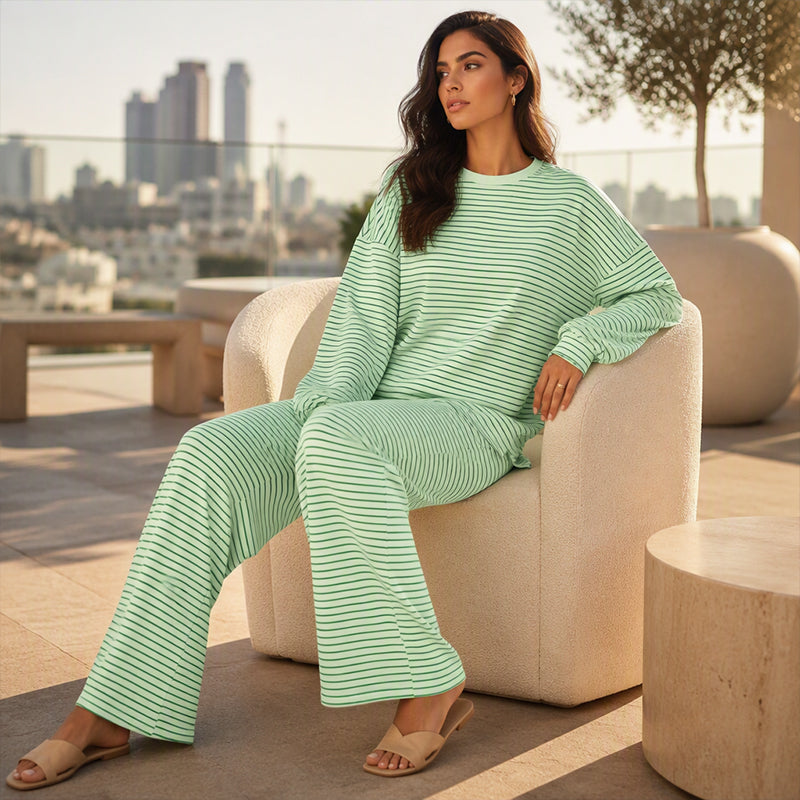 Gestreifter Pullover und Weithosen für Damen, 2-teiliges Set