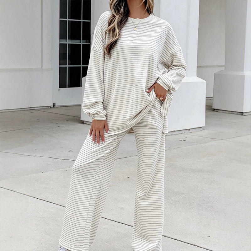Gestreifter Pullover und Weithosen für Damen, 2-teiliges Set