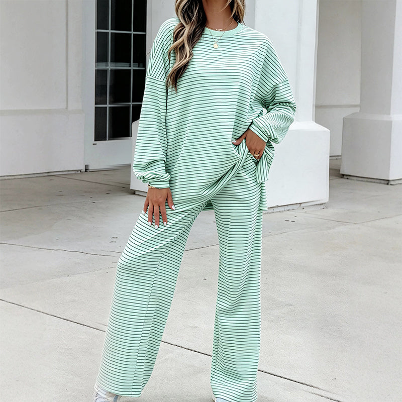 Gestreifter Pullover und Weithosen für Damen, 2-teiliges Set