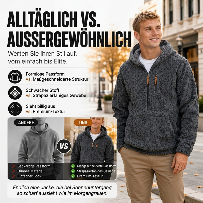 👥 Über 80.000 Käufer haben bereits zugeschlagen! Texturierte Sherpa-Kapuzenjacke mit halbem Reißverschluss für Herren