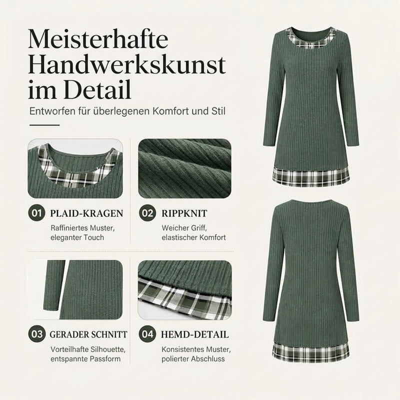 🧶 Damen-Strickkleid mit Karomuster im Patchwork-Design – Lässig, weich & immer passend