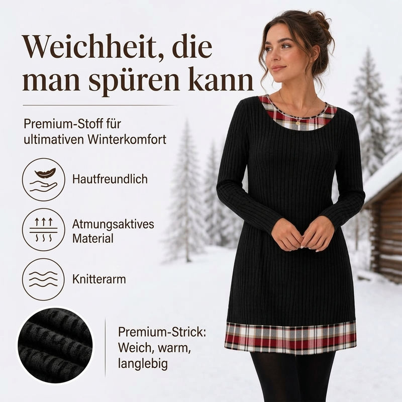 🧶 Damen-Strickkleid mit Karomuster im Patchwork-Design – Lässig, weich & immer passend