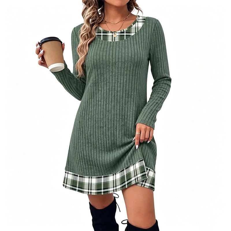🧶 Damen-Strickkleid mit Karomuster im Patchwork-Design – Lässig, weich & immer passend