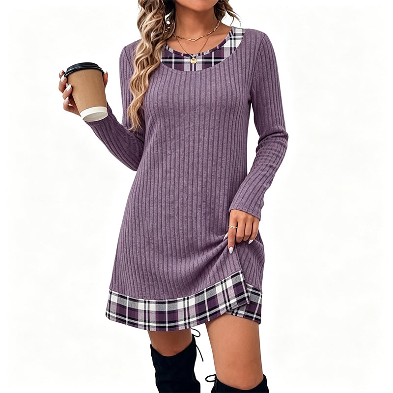 🧶 Damen-Strickkleid mit Karomuster im Patchwork-Design – Lässig, weich & immer passend