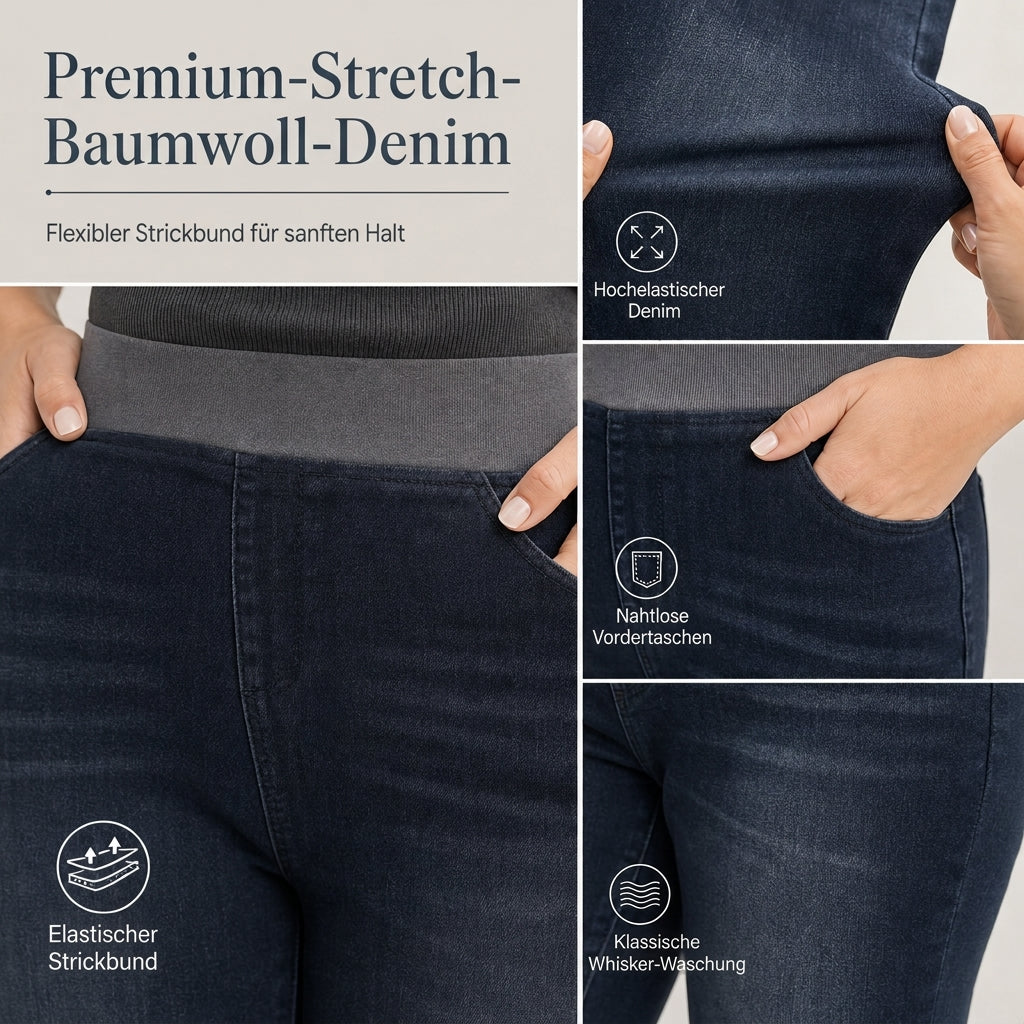 🔥Beliebtes Produkt ！✨Damen-Jeans mit hoher Leibhöhe, Schlupfbund, Slim Fit, Dunkelwaschung und breitem elastischem Bund