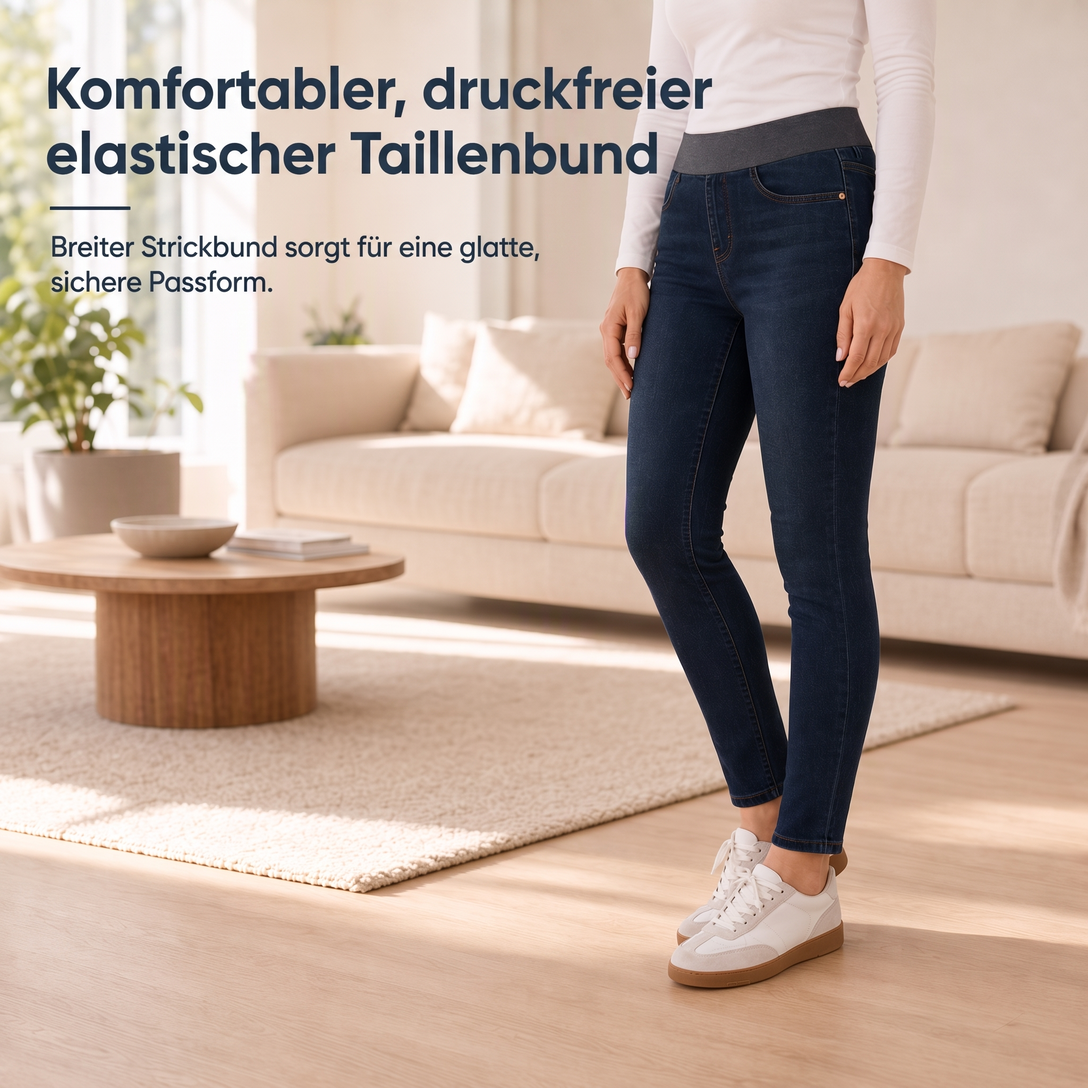 🔥Beliebtes Produkt ！✨Damen-Jeans mit hoher Leibhöhe, Schlupfbund, Slim Fit, Dunkelwaschung und breitem elastischem Bund