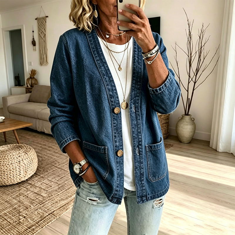 🚀 Neu eingetroffen – 50% Probierpreis! Legere Jeans-Strickjacke mit V-Ausschnitt für Damen