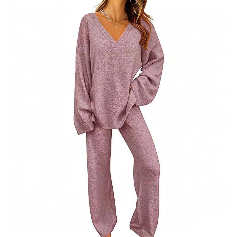 🌟 Der Look, den alle suchen – bei uns 50% günstiger! Gestricktes V-Ausschnitt-Pullover & Weite-Hosen-Set für Damen