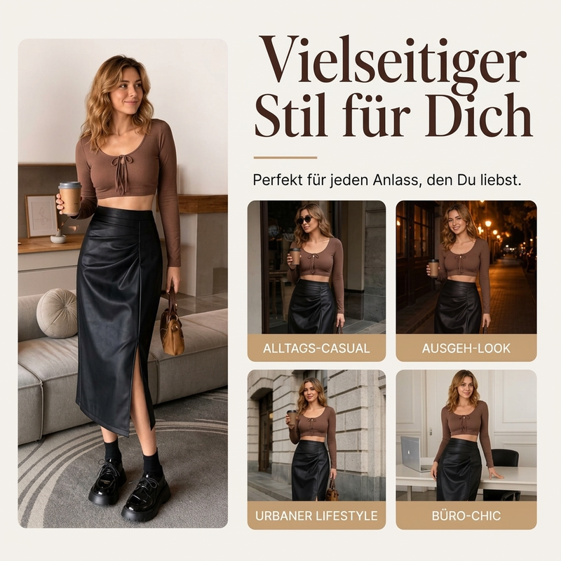 🖤 Damen schicker asymmetrischer Kunstlederrock – Figurschmeichelnd, stylisch & immer passend