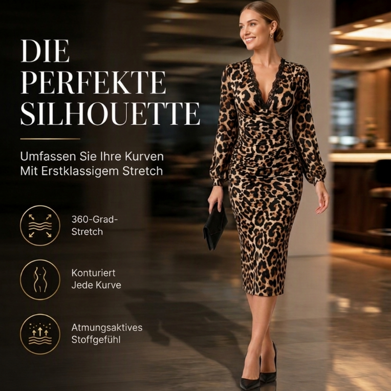 📢🎉50%Rabatt!!!🛍️✨Damen Midikleid mit Spitze, Leopardenmuster, V-Ausschnitt und Laternenärmeln