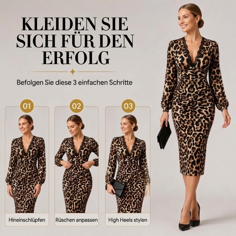 📢🎉50%Rabatt!!!🛍️✨Damen Midikleid mit Spitze, Leopardenmuster, V-Ausschnitt und Laternenärmeln