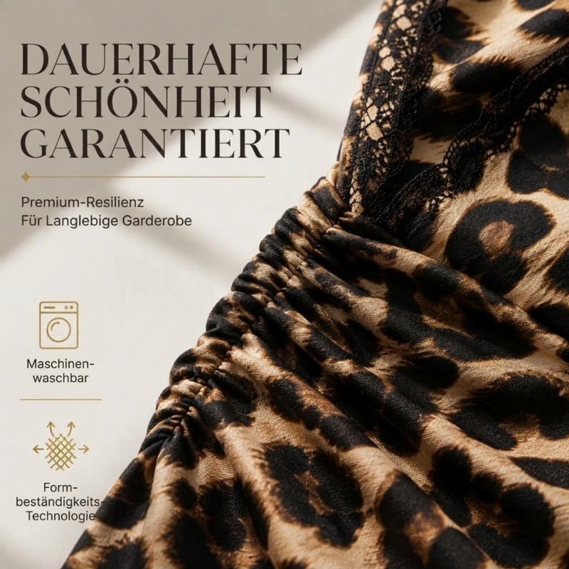 📢🎉50%Rabatt!!!🛍️✨Damen Midikleid mit Spitze, Leopardenmuster, V-Ausschnitt und Laternenärmeln