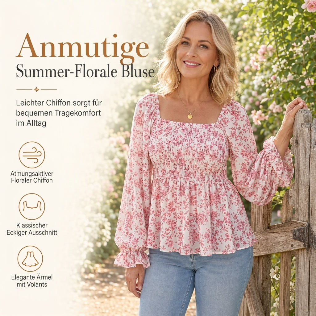 Lässige Damen-Bluse mit quadratischem Ausschnitt, ausgestellten Ärmeln und Blumenmuster aus Chiffon, Ferien-Top