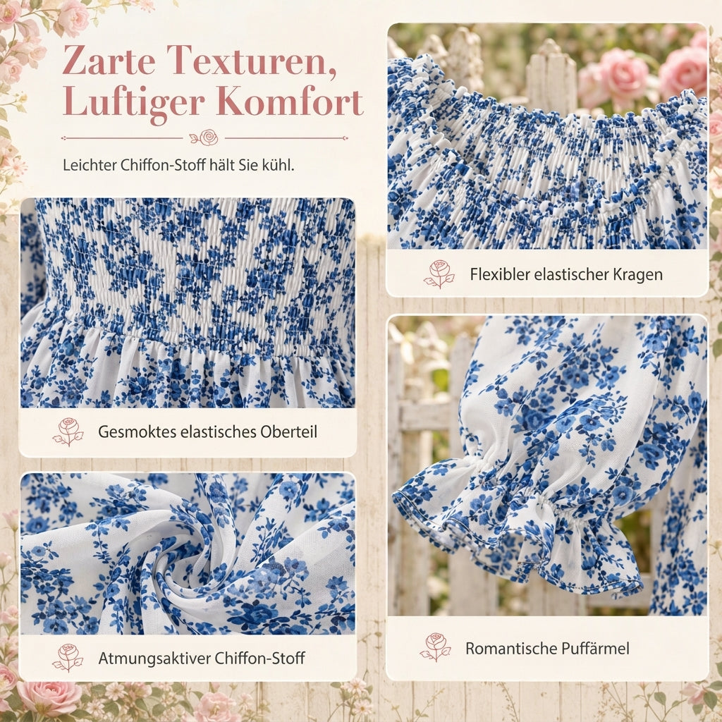 Lässige Damen-Bluse mit quadratischem Ausschnitt, ausgestellten Ärmeln und Blumenmuster aus Chiffon, Ferien-Top