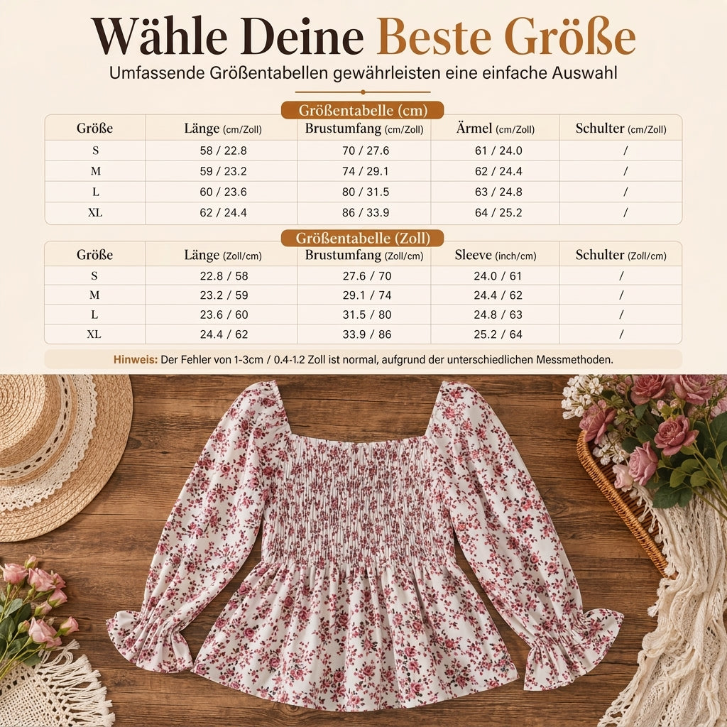 Lässige Damen-Bluse mit quadratischem Ausschnitt, ausgestellten Ärmeln und Blumenmuster aus Chiffon, Ferien-Top