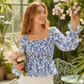 Lässige Damen-Bluse mit quadratischem Ausschnitt, ausgestellten Ärmeln und Blumenmuster aus Chiffon, Ferien-Top