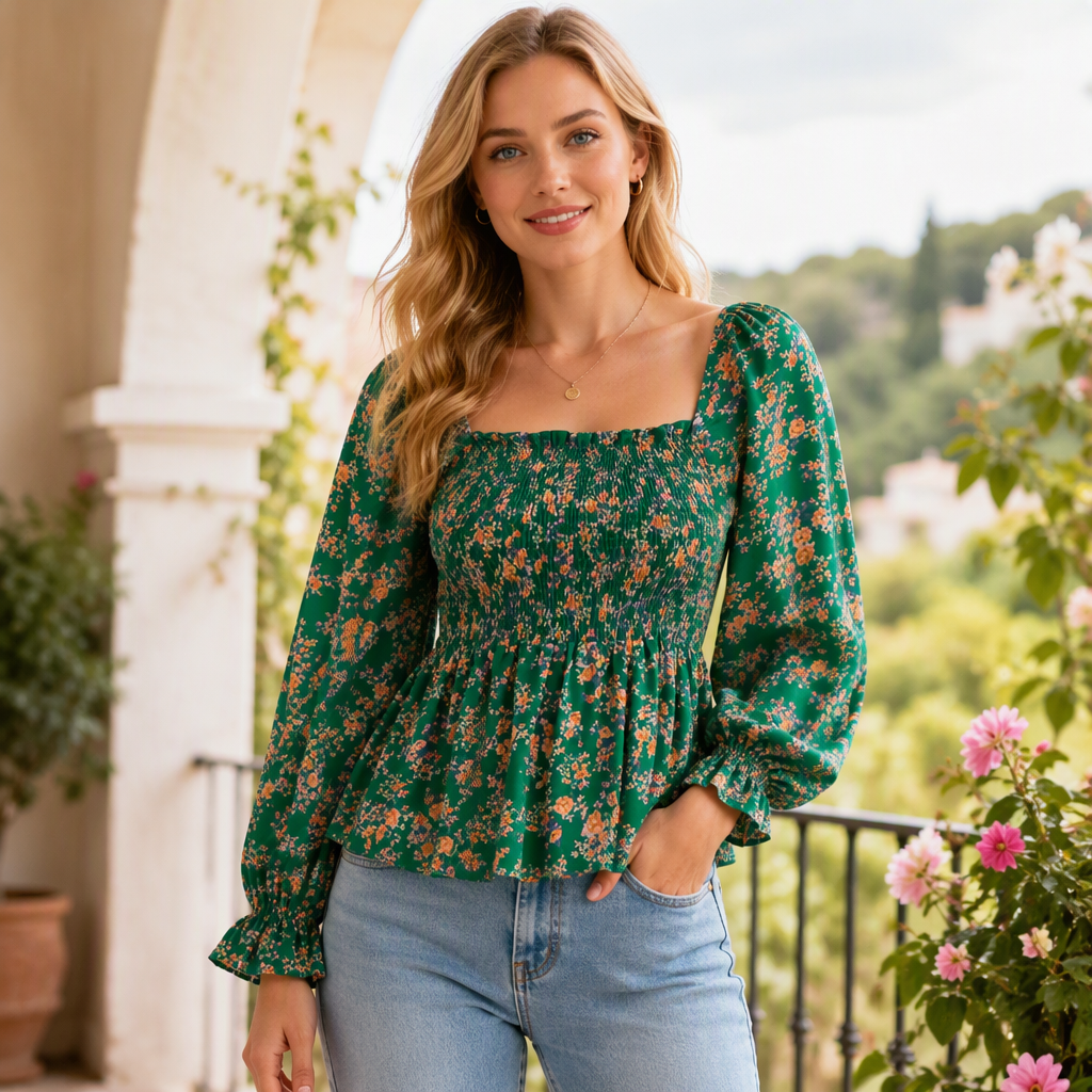 Lässige Damen-Bluse mit quadratischem Ausschnitt, ausgestellten Ärmeln und Blumenmuster aus Chiffon, Ferien-Top