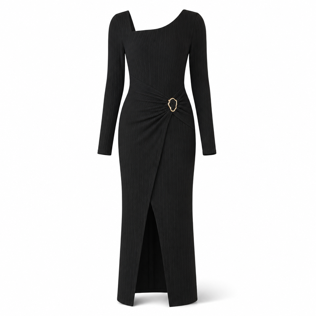 ⏰ Countdown läuft – 50% nur noch 3 Tage! Damen Herbst Winter Einfarbiges Stricktextur Langes Kleid mit Unregelmäßigem Ausschnitt