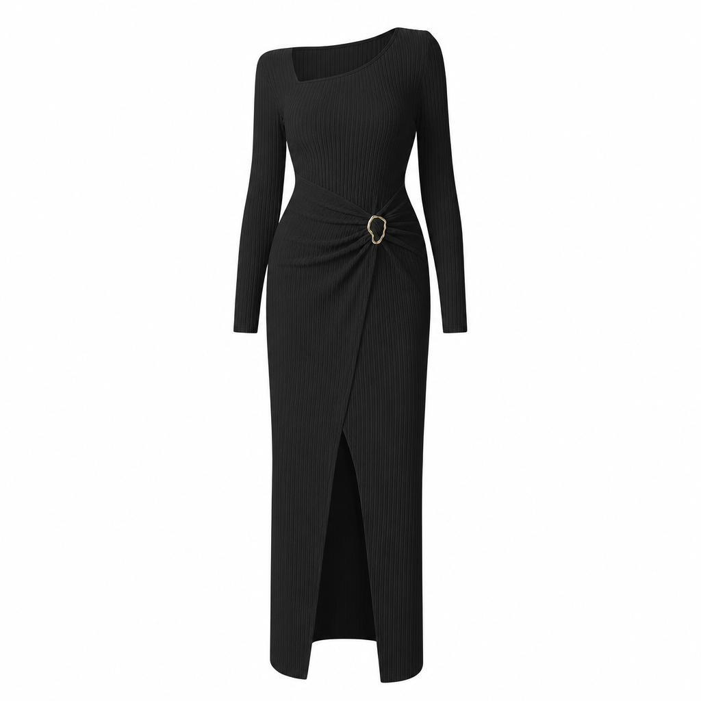 ⏰ Countdown läuft – 50% nur noch 3 Tage! Damen Herbst Winter Einfarbiges Stricktextur Langes Kleid mit Unregelmäßigem Ausschnitt