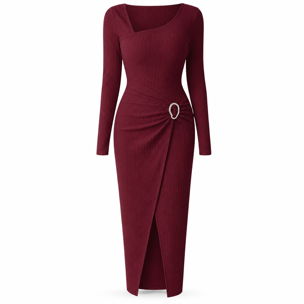 ⏰ Countdown läuft – 50% nur noch 3 Tage! Damen Herbst Winter Einfarbiges Stricktextur Langes Kleid mit Unregelmäßigem Ausschnitt