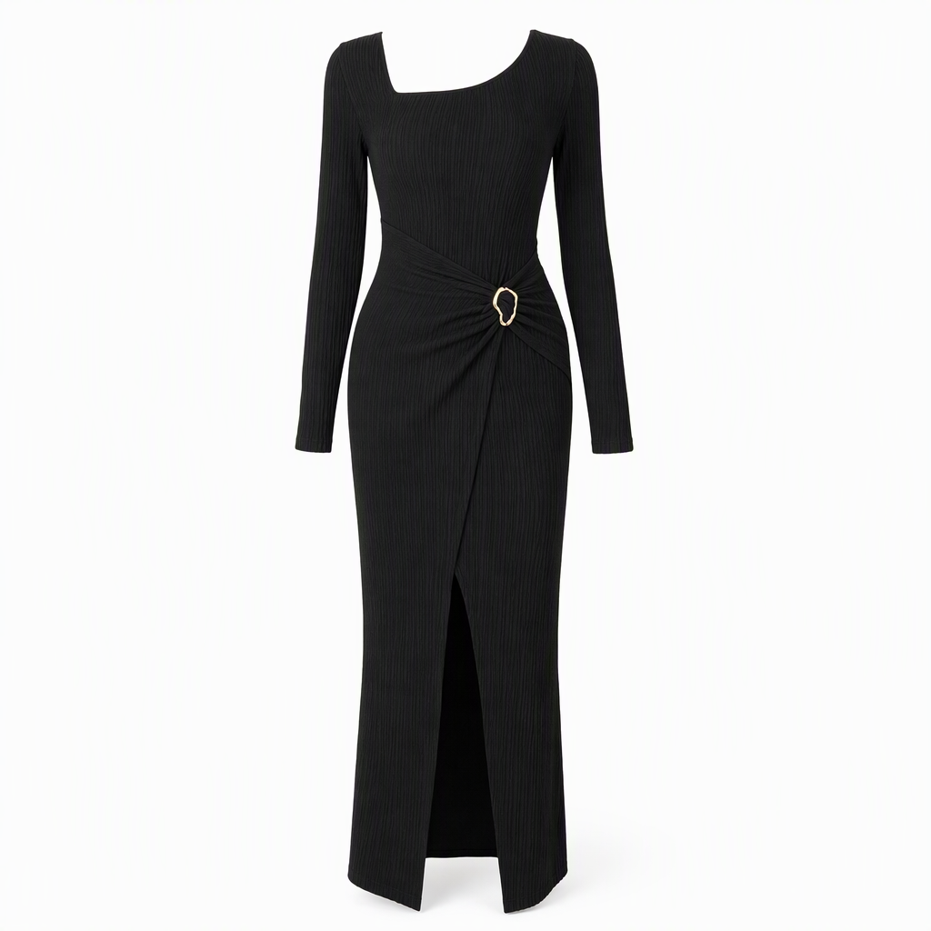 ⏰ Countdown läuft – 50% nur noch 3 Tage! Damen Herbst Winter Einfarbiges Stricktextur Langes Kleid mit Unregelmäßigem Ausschnitt