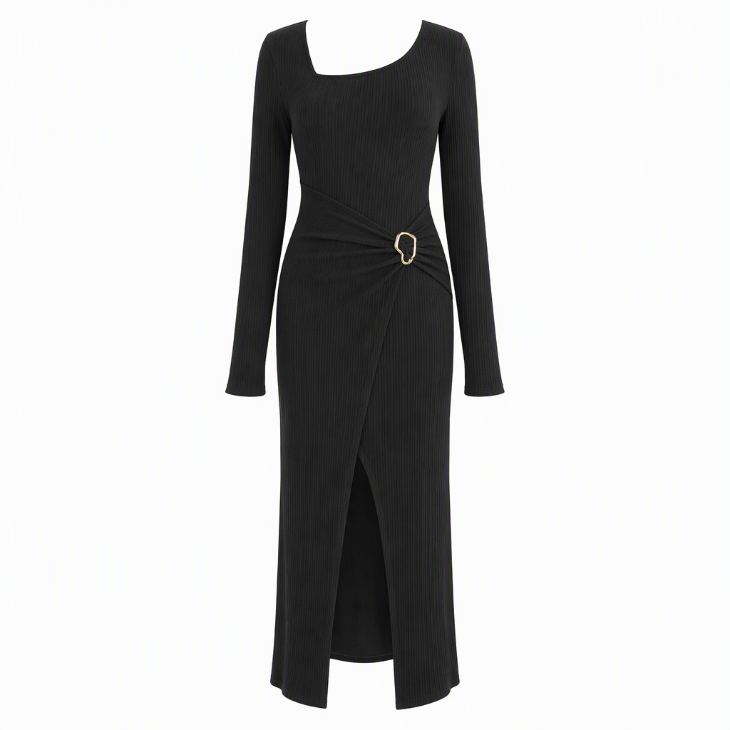 ⏰ Countdown läuft – 50% nur noch 3 Tage! Damen Herbst Winter Einfarbiges Stricktextur Langes Kleid mit Unregelmäßigem Ausschnitt