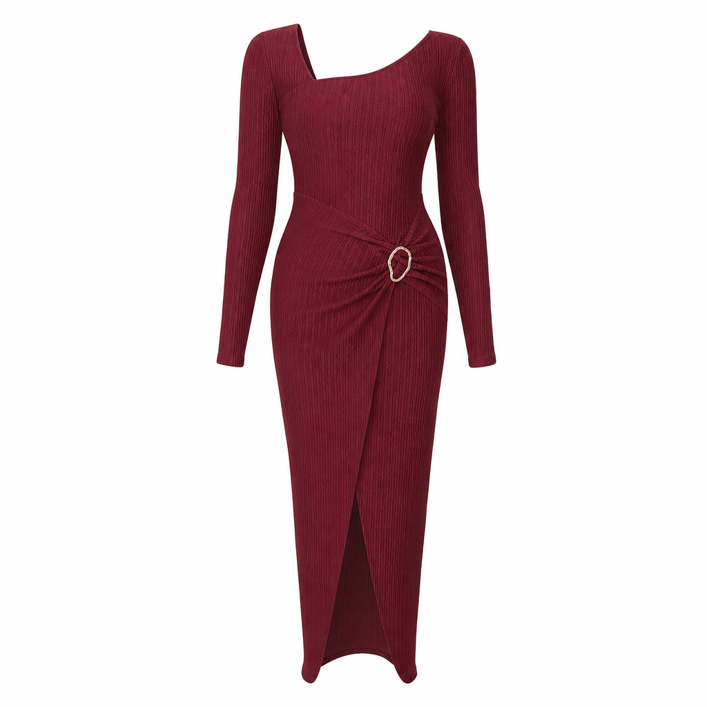 ⏰ Countdown läuft – 50% nur noch 3 Tage! Damen Herbst Winter Einfarbiges Stricktextur Langes Kleid mit Unregelmäßigem Ausschnitt