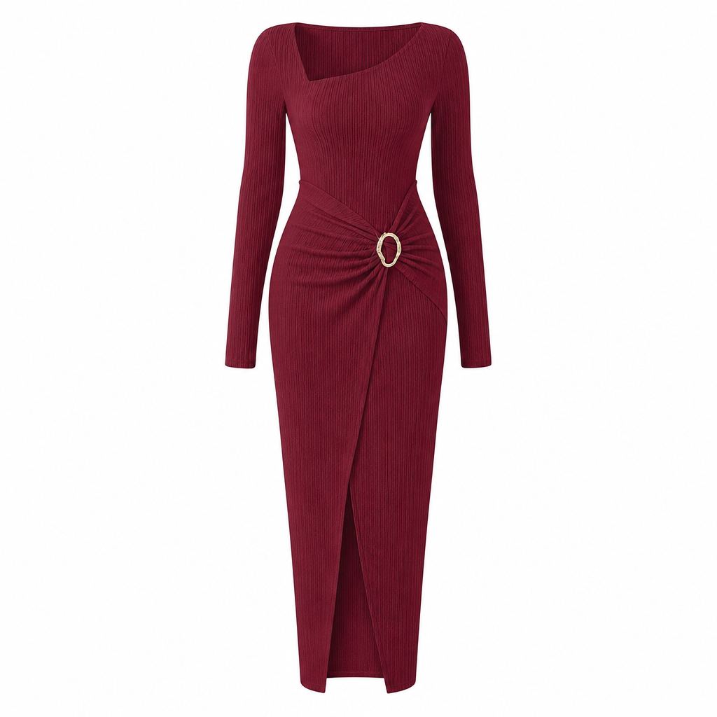 ⏰ Countdown läuft – 50% nur noch 3 Tage! Damen Herbst Winter Einfarbiges Stricktextur Langes Kleid mit Unregelmäßigem Ausschnitt