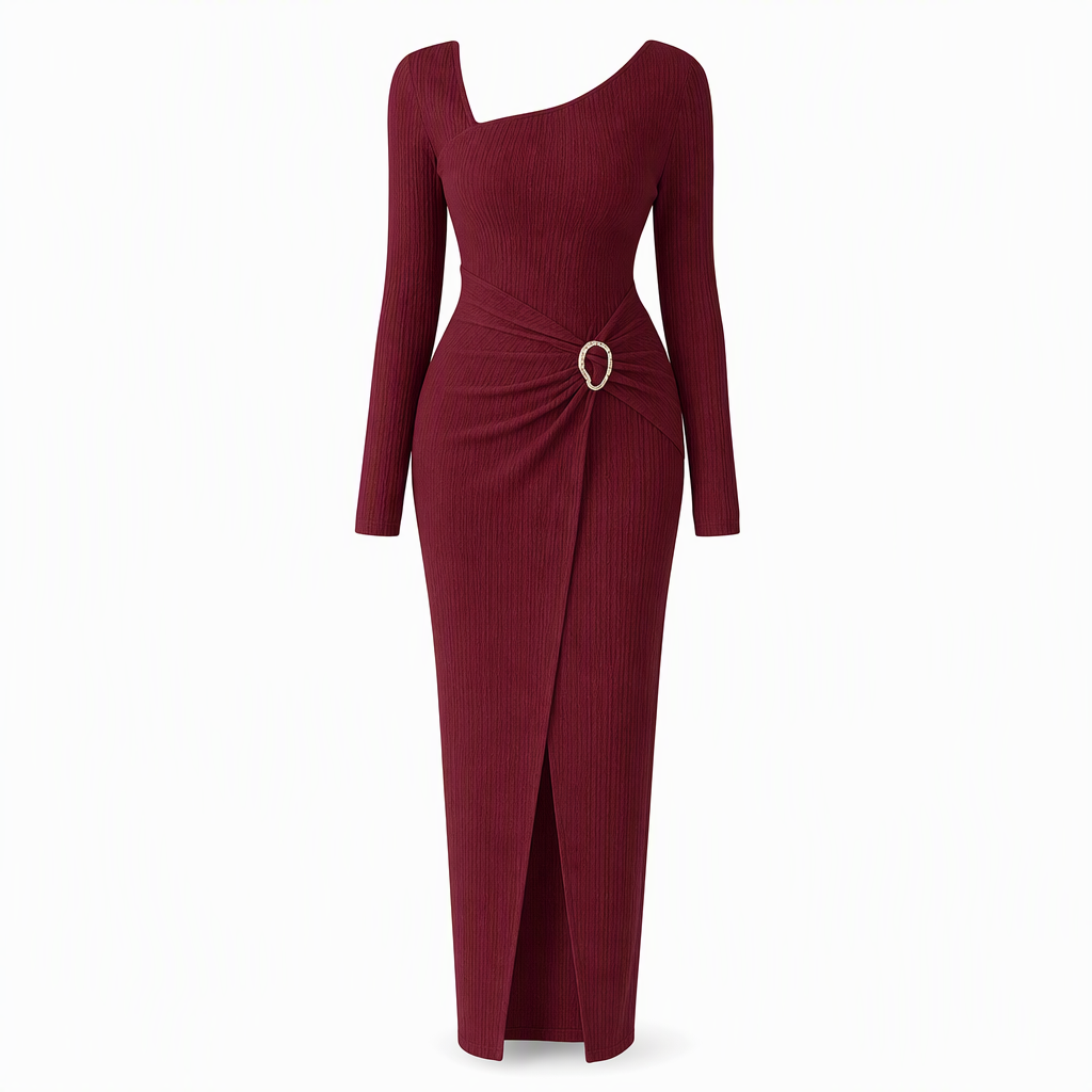 ⏰ Countdown läuft – 50% nur noch 3 Tage! Damen Herbst Winter Einfarbiges Stricktextur Langes Kleid mit Unregelmäßigem Ausschnitt