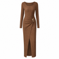 ⏰ Countdown läuft – 50% nur noch 3 Tage! Damen Herbst Winter Einfarbiges Stricktextur Langes Kleid mit Unregelmäßigem Ausschnitt