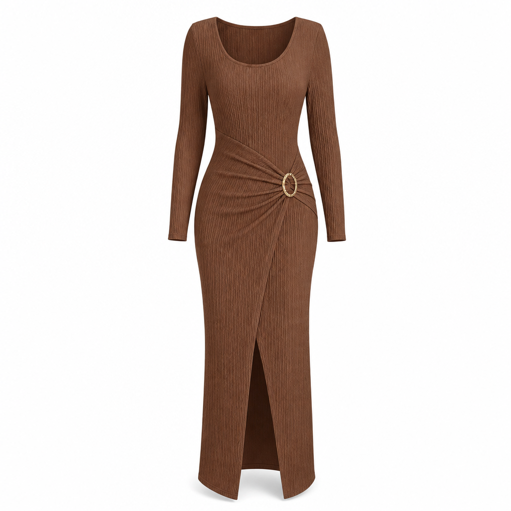 ⏰ Countdown läuft – 50% nur noch 3 Tage! Damen Herbst Winter Einfarbiges Stricktextur Langes Kleid mit Unregelmäßigem Ausschnitt
