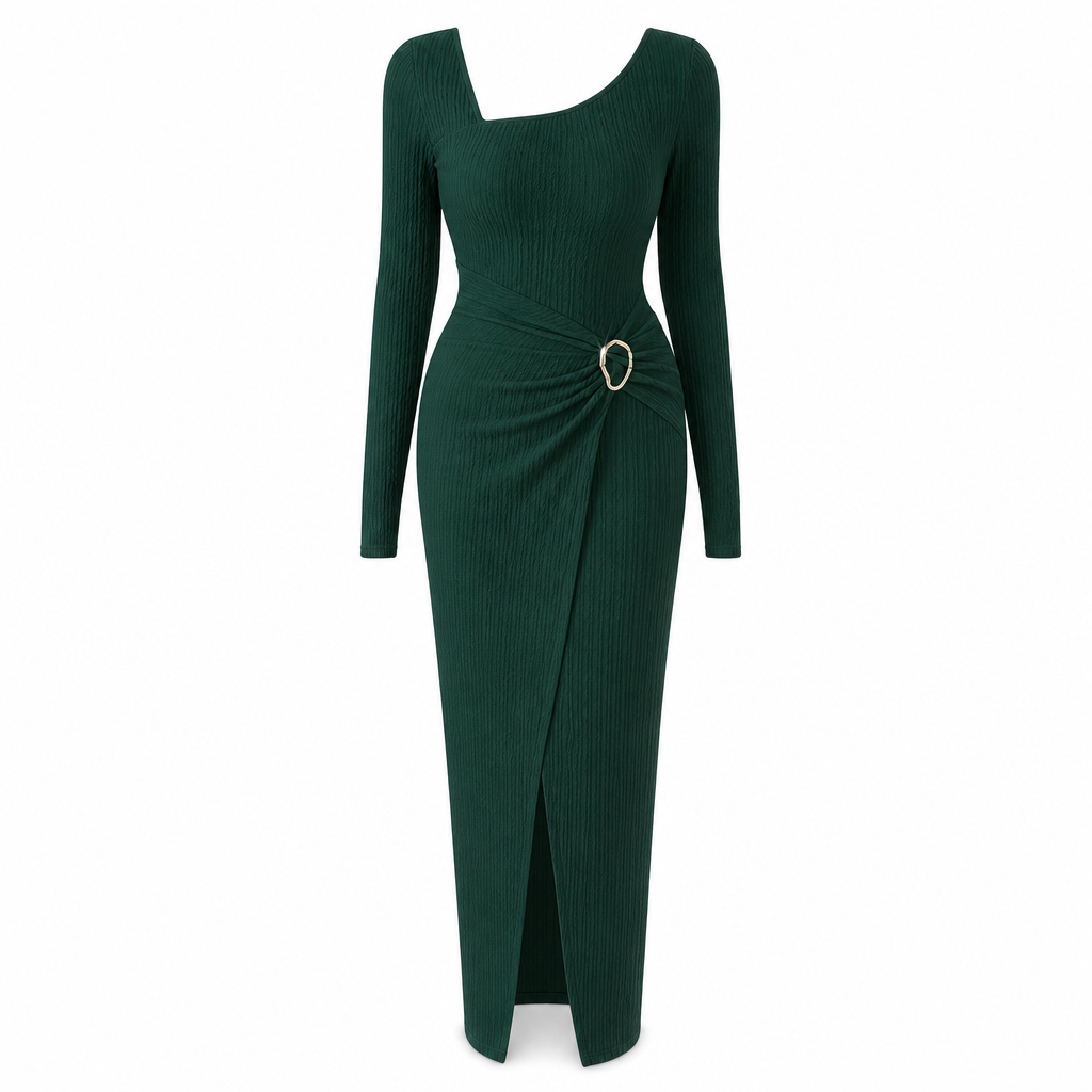 ⏰ Countdown läuft – 50% nur noch 3 Tage! Damen Herbst Winter Einfarbiges Stricktextur Langes Kleid mit Unregelmäßigem Ausschnitt