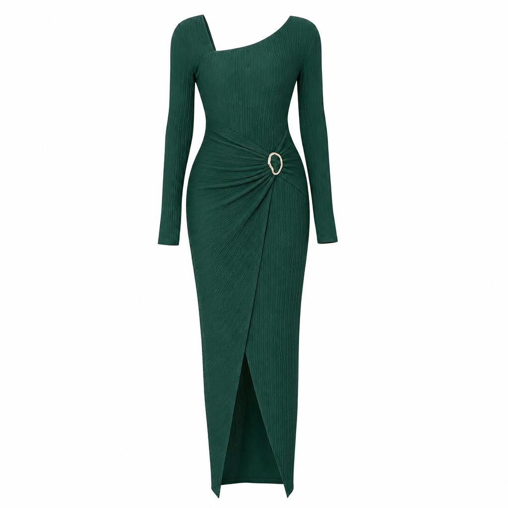 ⏰ Countdown läuft – 50% nur noch 3 Tage! Damen Herbst Winter Einfarbiges Stricktextur Langes Kleid mit Unregelmäßigem Ausschnitt